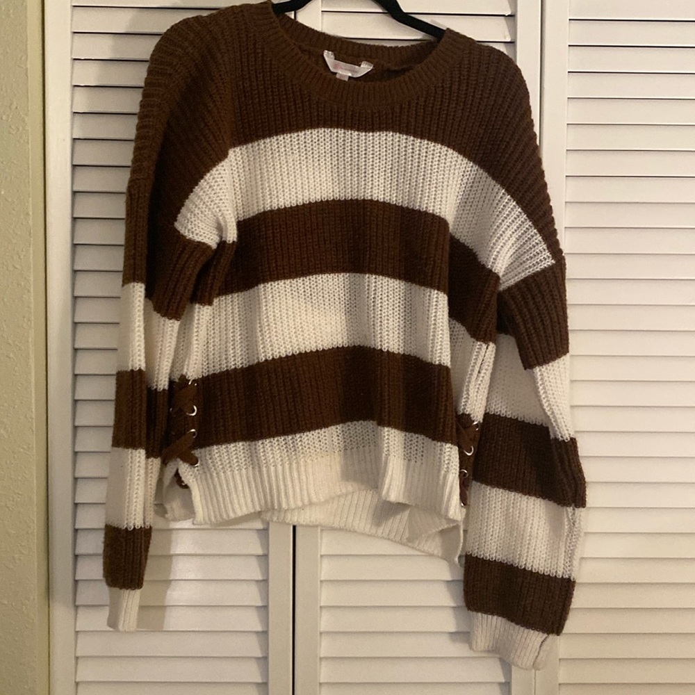 Warm knit brown and white horizontal stripe sweater